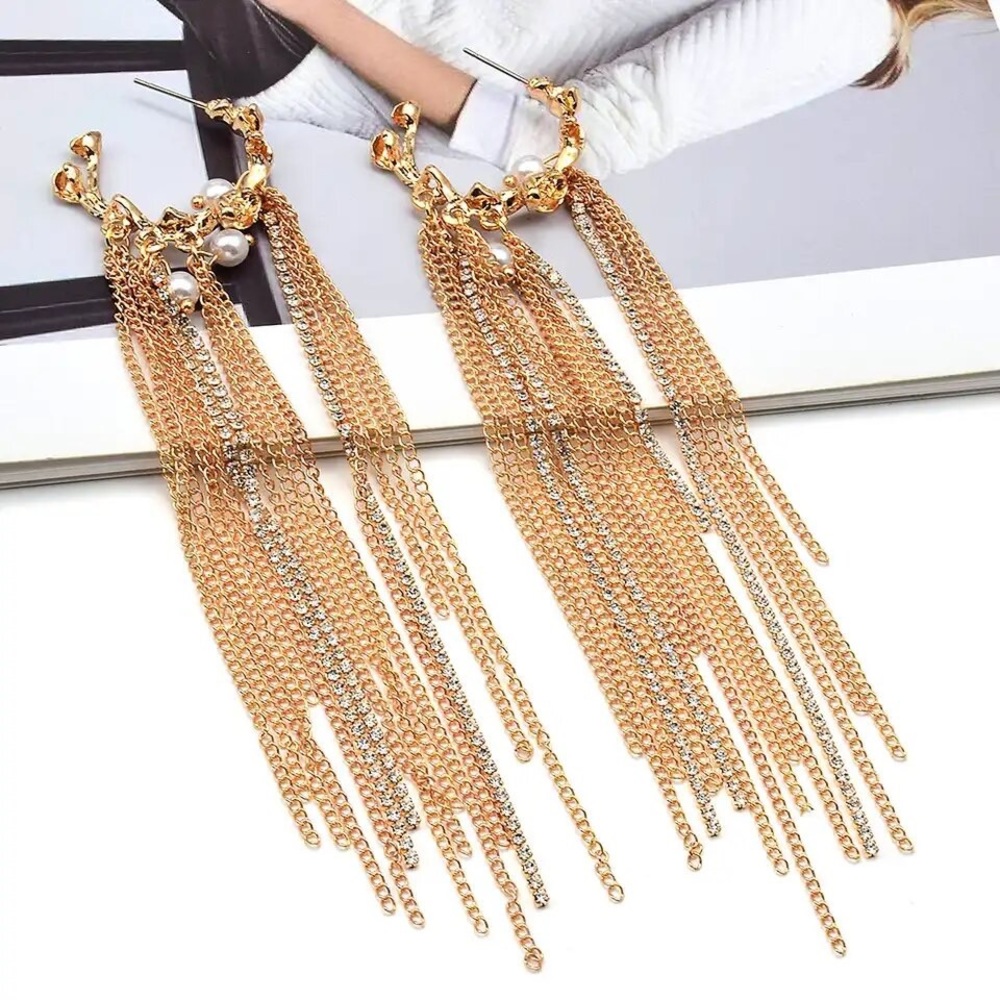 Pearl and Gilded Tassel Cascade Earrings